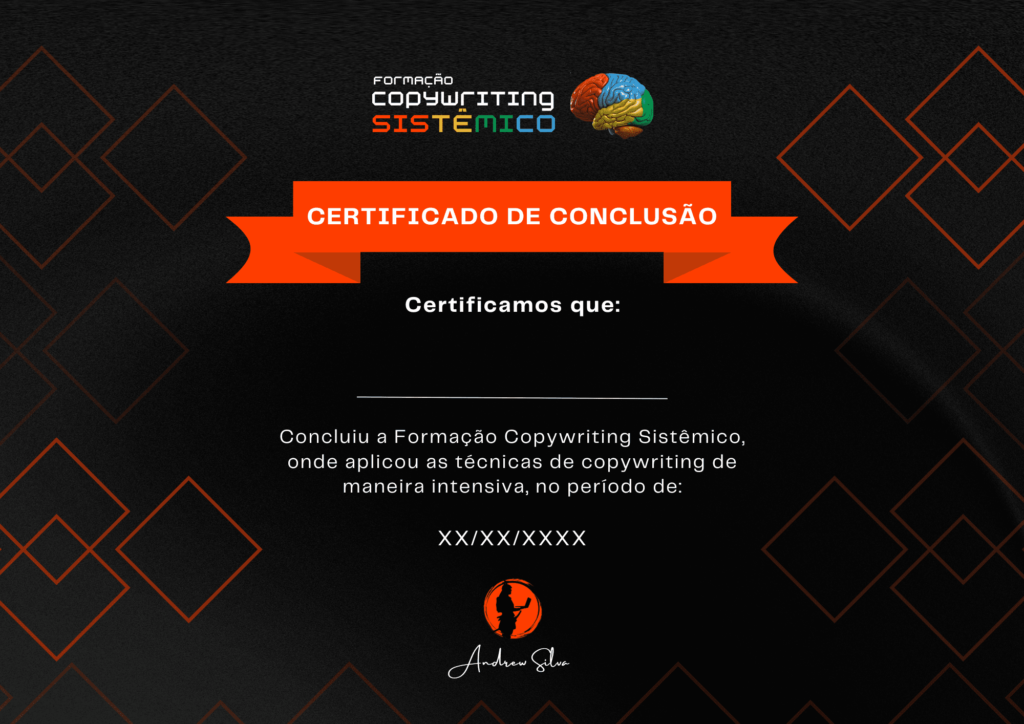 Certificado de conclusão da formação copywriting sistêmico: copywriter ninja curso de copy.